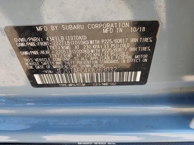 Subaru naturally aspirated 2019 JF2GTAEC4K8263032 Image 9