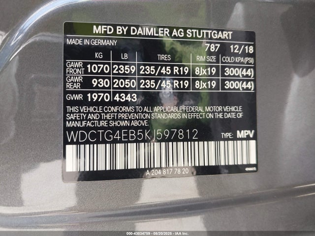 WDCTG4EB5KJ597812 Mercedes-Benz m270