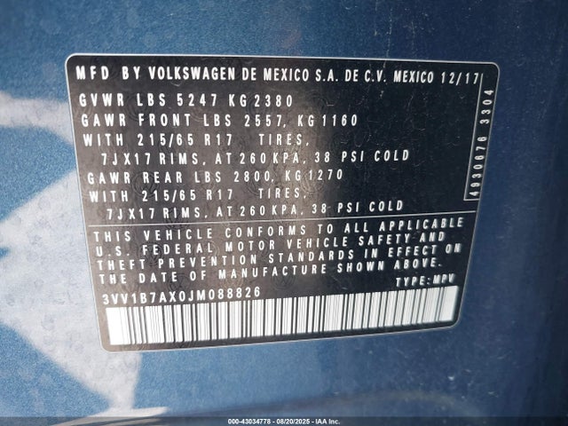 3VV1B7AX0JM088826 Volkswagen 2018