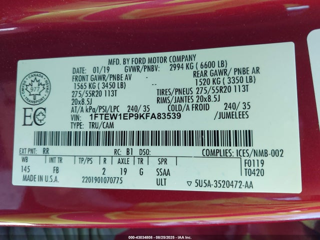 Ford 2.7l-4v 2019 1FTEW1EP9KFA83539 Image 9