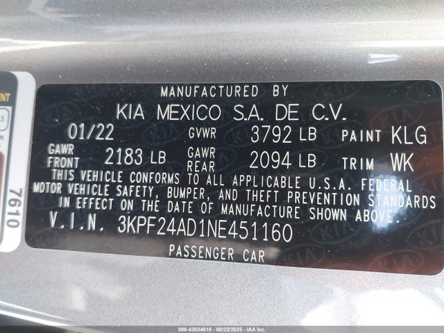 3KPF24AD1NE451160 KIA mpi nu