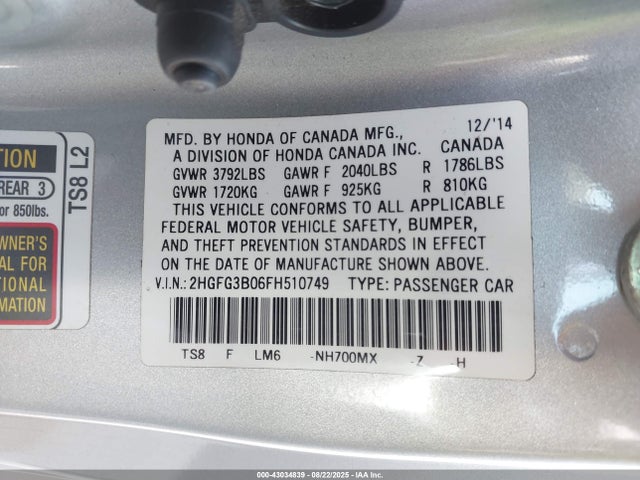 Honda r18z1 2015 2HGFG3B06FH510749 Image 9