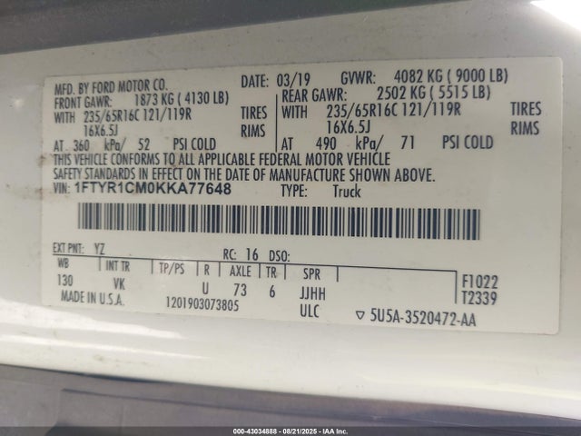1FTYR1CM0KKA77648 Ford Transit