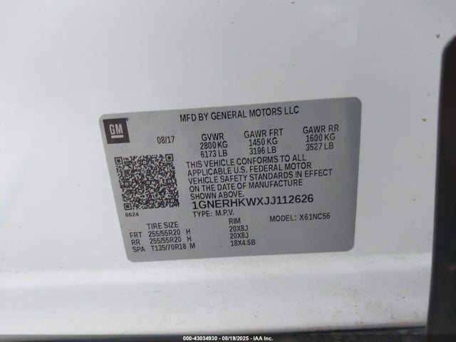1GNERHKWXJJ112626 Chevrolet lfy - spark ignited direct injection, atss, gen 1