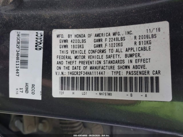 1HGCR2F34HA111447 Honda k24w1