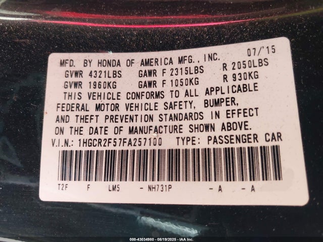 Honda k24w1 2015 1HGCR2F57FA257100 Image 9