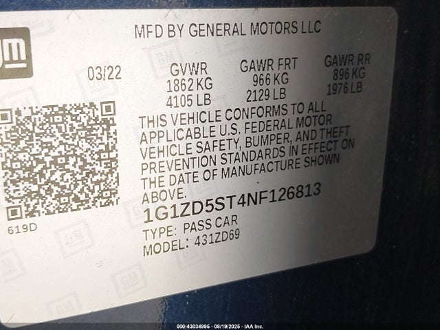 1G1ZD5ST4NF126813 Chevrolet lfv - direct injection, variable valve timing, gen 1 gmna