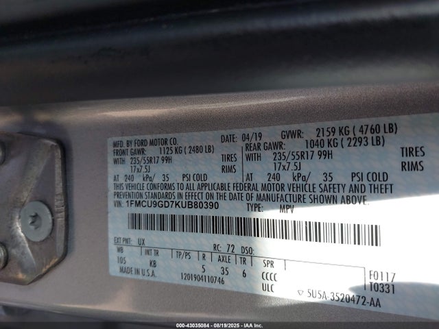1FMCU9GD7KUB80390 Ford 1.5l gtdi sigma w/premium fuel