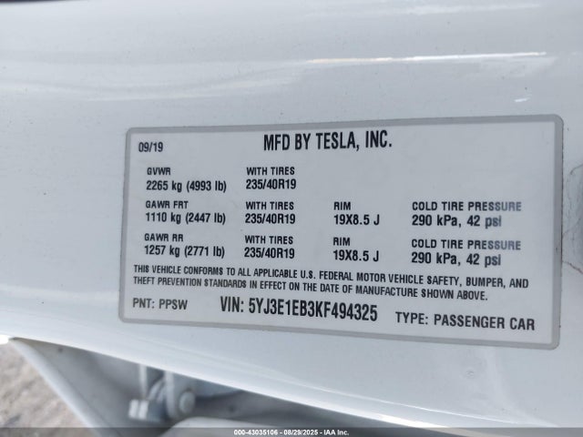 2019 TESLA MODEL 3 5YJ3E1EB3KF494325 Photo 8