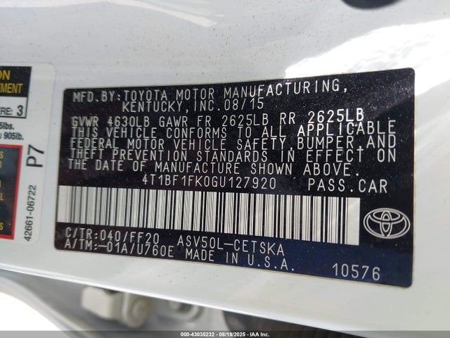 Toyota 2ar-fe 2016 4T1BF1FK0GU127920 Image 9