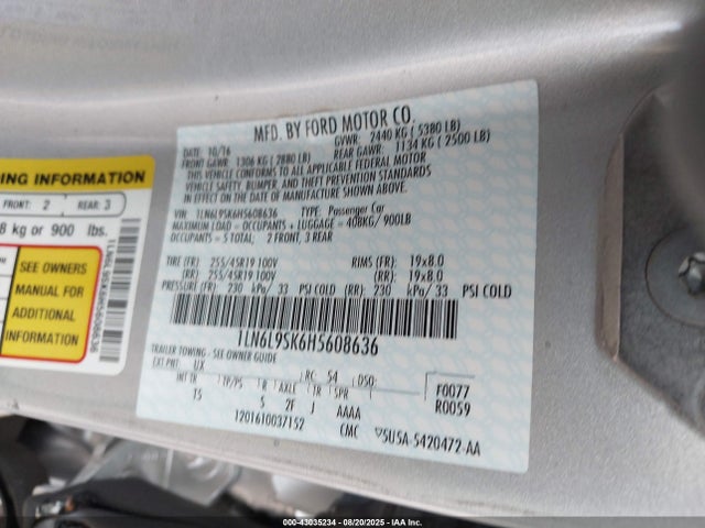 1LN6L9SK6H5608636 Lincoln 3.7l tivct