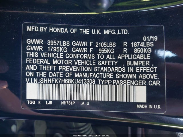 SHHFK7H68KU413308 Honda l15ba