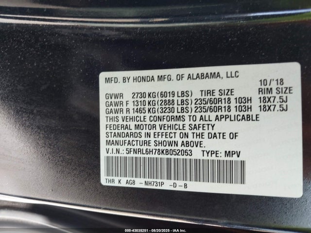 5FNRL6H78KB052063 Honda j35y7