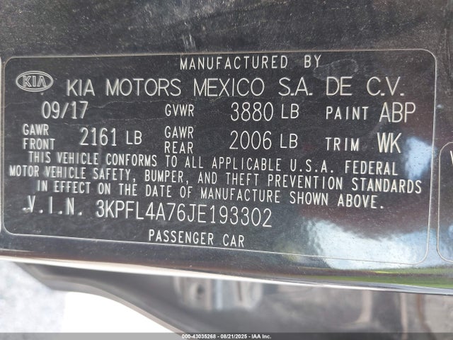 3KPFL4A76JE193302 KIA mpi nu