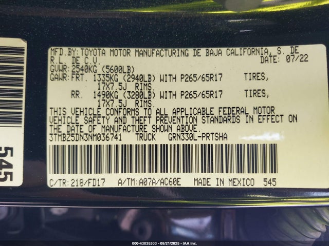 3TMBZ5DN3NM036741 Toyota 2gr-fks