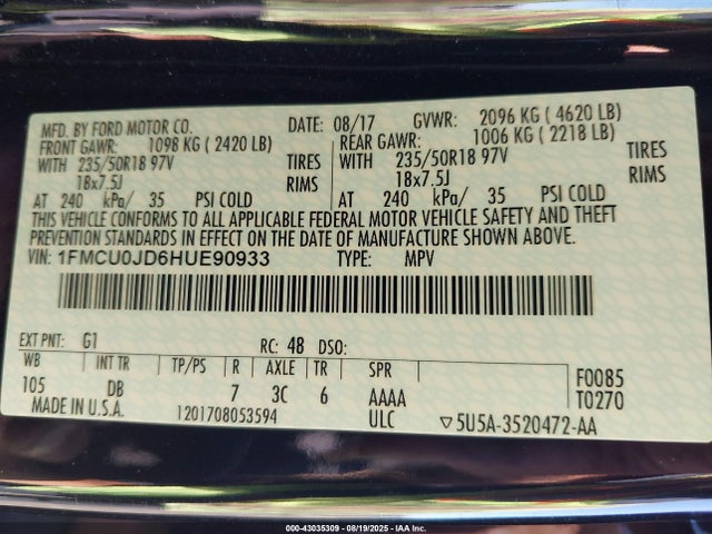 1FMCU0JD6HUE90933 Ford gtdi sigma w/premium fuel