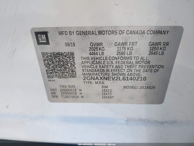2GNAXNEV2L6140216 Chevrolet lyx - direct injection, vvt, fgt, turbo, alum, gen1