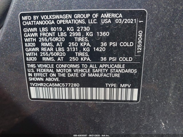 Volkswagen 3.6 fsi 2021 1V2HR2CA5MC577280 Image 9