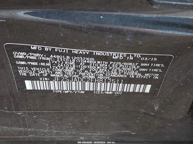 JF2SJADC2FH812511 Subaru 2.5na u5