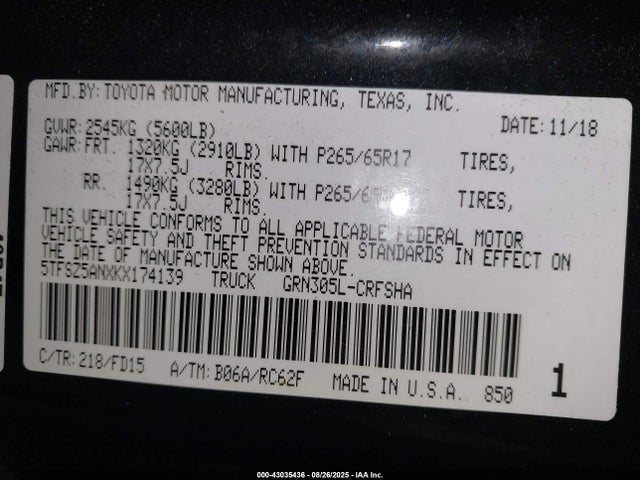 5TFSZ5ANXKX174139 Toyota 2gr-fks