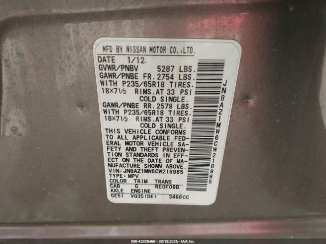 2012 NISSAN MURANO JN8AZ1MW6CW218965 Photo 8