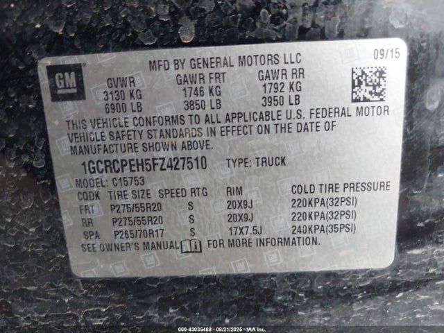 1GCRCPEH5FZ427510 Chevrolet lv3 - vvt, aluminum, e85 max