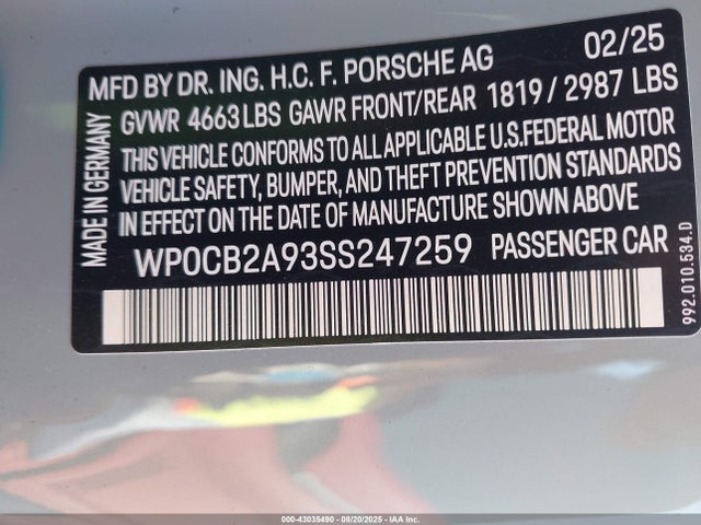 2025 PORSCHE 911 WP0CB2A93SS247259 Photo 8
