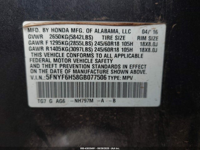 5FNYF6H58GB077506 Honda j35y6