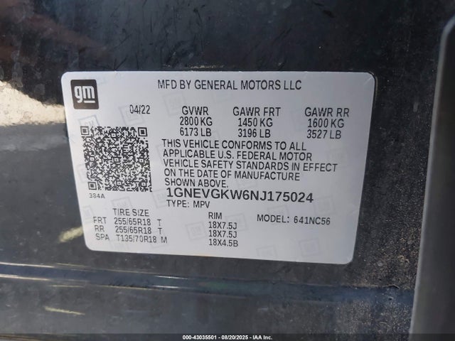 1GNEVGKW6NJ175024 Chevrolet lfy