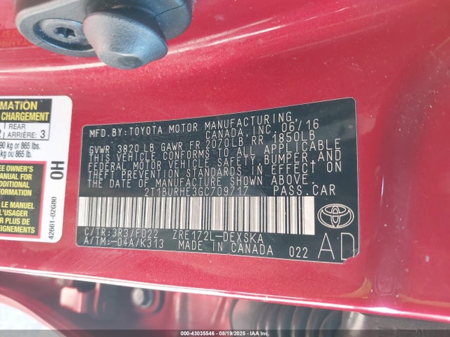 2T1BURHE3GC709717 Toyota 2zr-fe