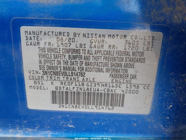 3N1CN8EV0LL914762 Nissan 2020