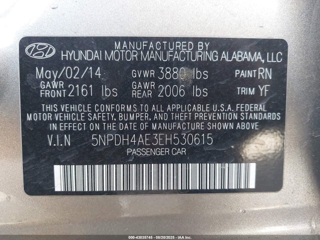 Hyundai dohc mpi nu 2014 5NPDH4AE3EH530615 Image 9