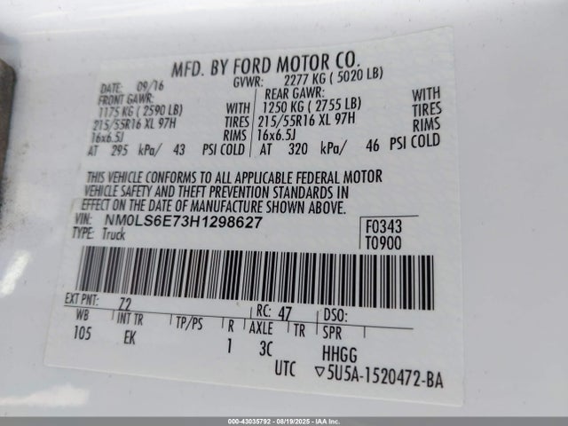 Ford 2.5l dohc pfi 2017 NM0LS6E73H1298627 Image 9