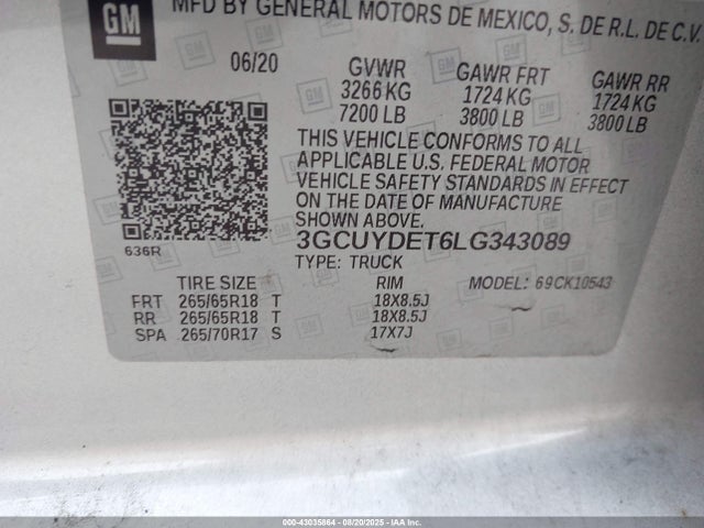 43035864 :رقم المزاد ، 3GCUYDET6LG343089 vin ، 2020 Chevrolet Silverado 1500 4wd  Short Bed Lt مزاد بيع