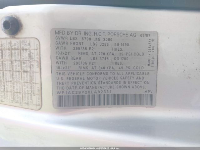 2008 PORSCHE CAYENNE WP1AC29P28LA82331 Photo 8