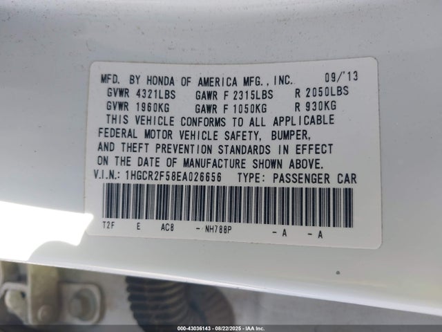 Honda k24w1 2014 1HGCR2F58EA026656 Image 9