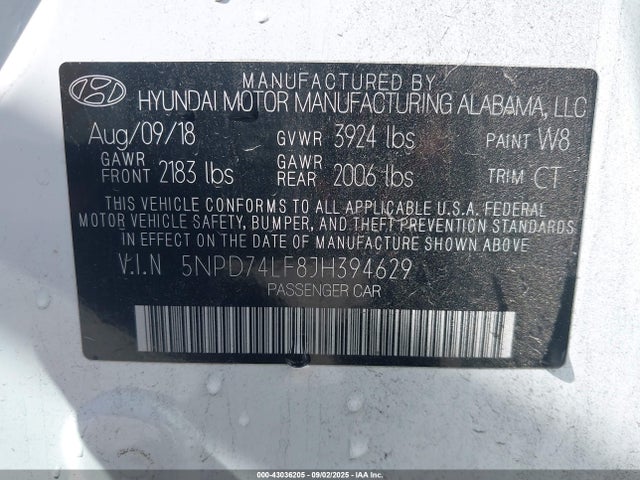 5NPD74LF8JH394629 Hyundai mpi nu