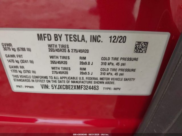 2021 TESLA MODEL X 5YJXCBE2XMF324463 Photo 8