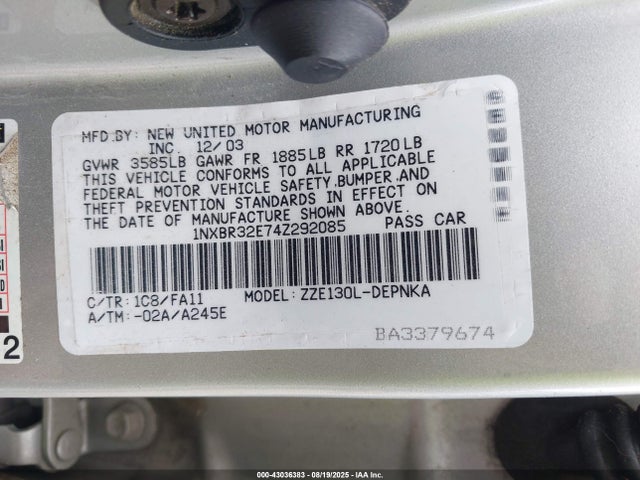 43036383 :رقم المزاد ، 1NXBR32E74Z292085 vin ، 2004 Toyota Corolla Le مزاد بيع