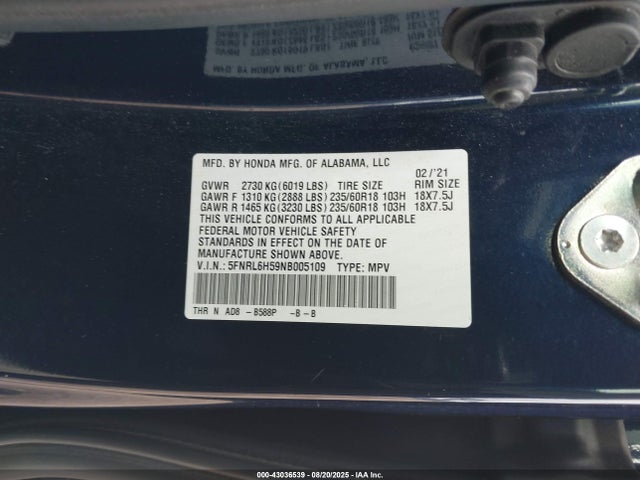 2022 HONDA ODYSSEY 5FNRL6H59NB005109 Photo 8
