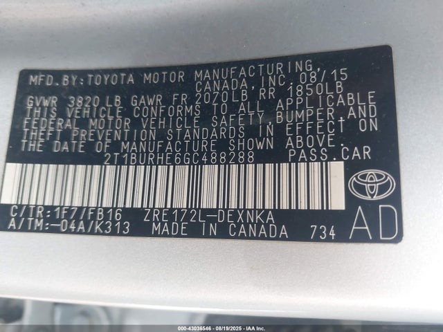 2T1BURHE6GC488288 Toyota 2zr-fe