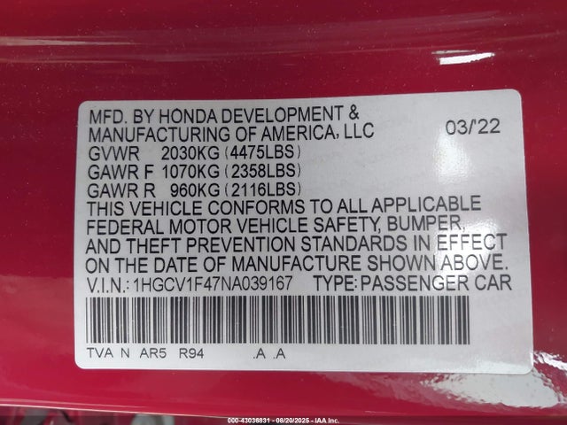 1HGCV1F47NA039167 Honda l15be