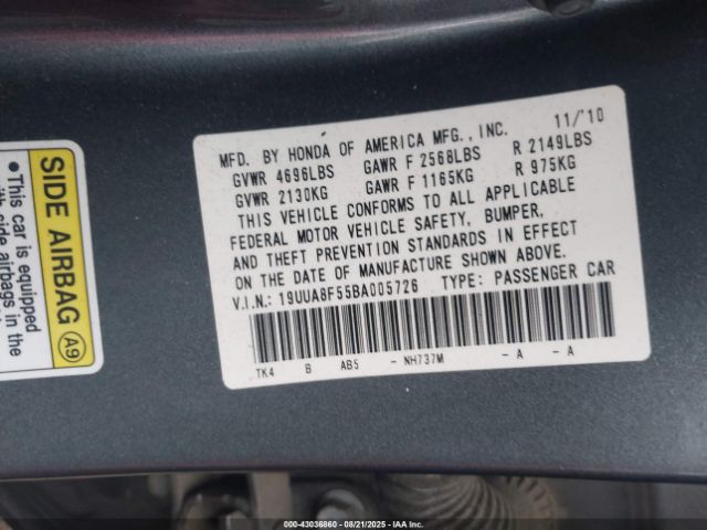 2011 ACURA TL 19UUA8F55BA005726 Photo 8