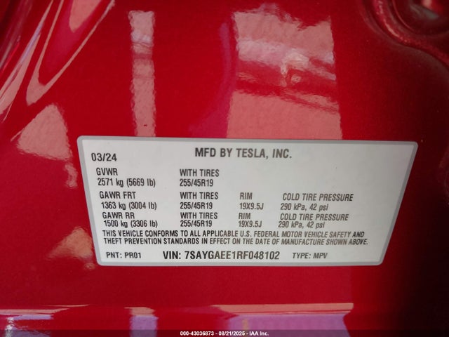 Продаж на аукціоні авто 2024 Tesla Model Y Long Range Dual Motor All-wheel Drive, vin: 7SAYGAEE1RF048102, номер лоту: 43036873