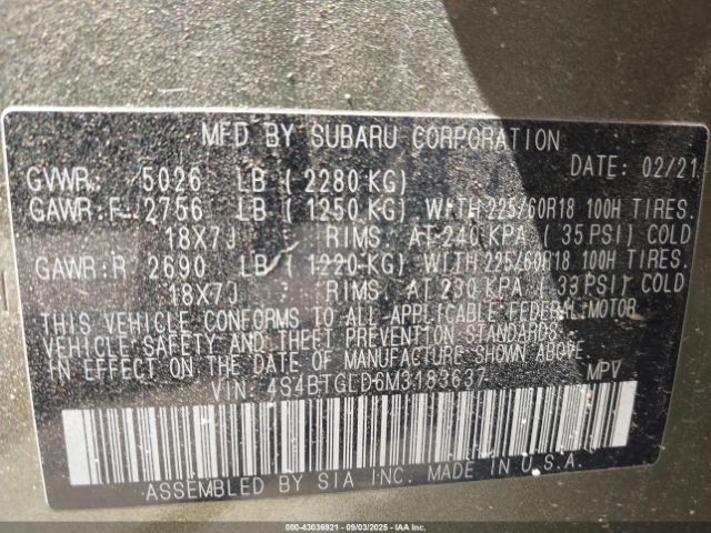 2021 SUBARU OUTBACK 4S4BTGLD6M3183637 Photo 8