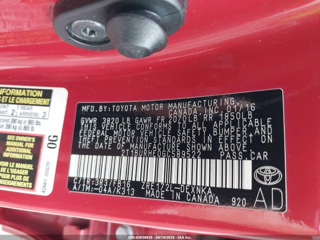 2T1BURHE0GC589522 Toyota 2zr-fe