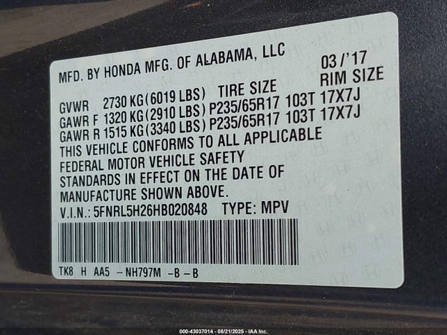 Honda j35z8 2017 5FNRL5H26HB020848 Image 9