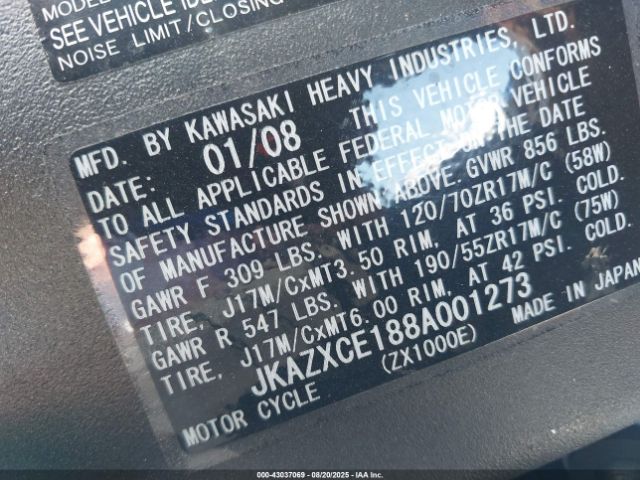 2008 KAWASAKI ZX1000 JKAZXCE188A001273 Photo 9