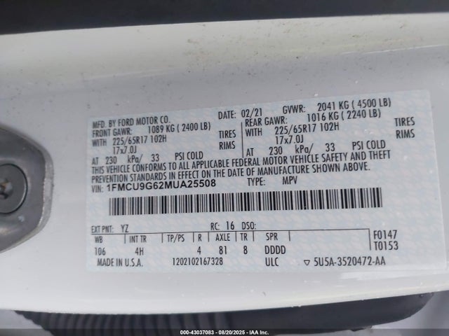 1FMCU9G62MUA25508 Ford dragon di tc
