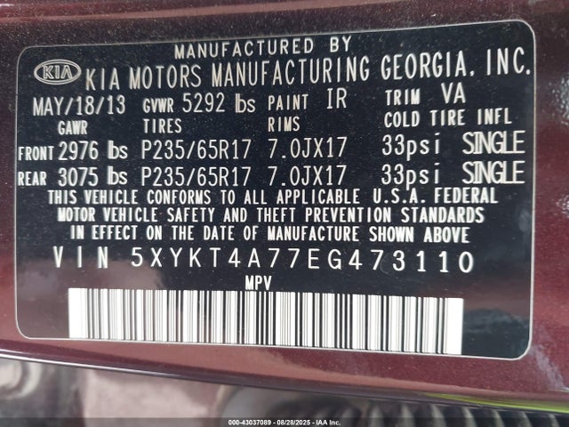 5XYKT4A77EG473110 KIA gasoline 3.3 v6 gdi lambda ii